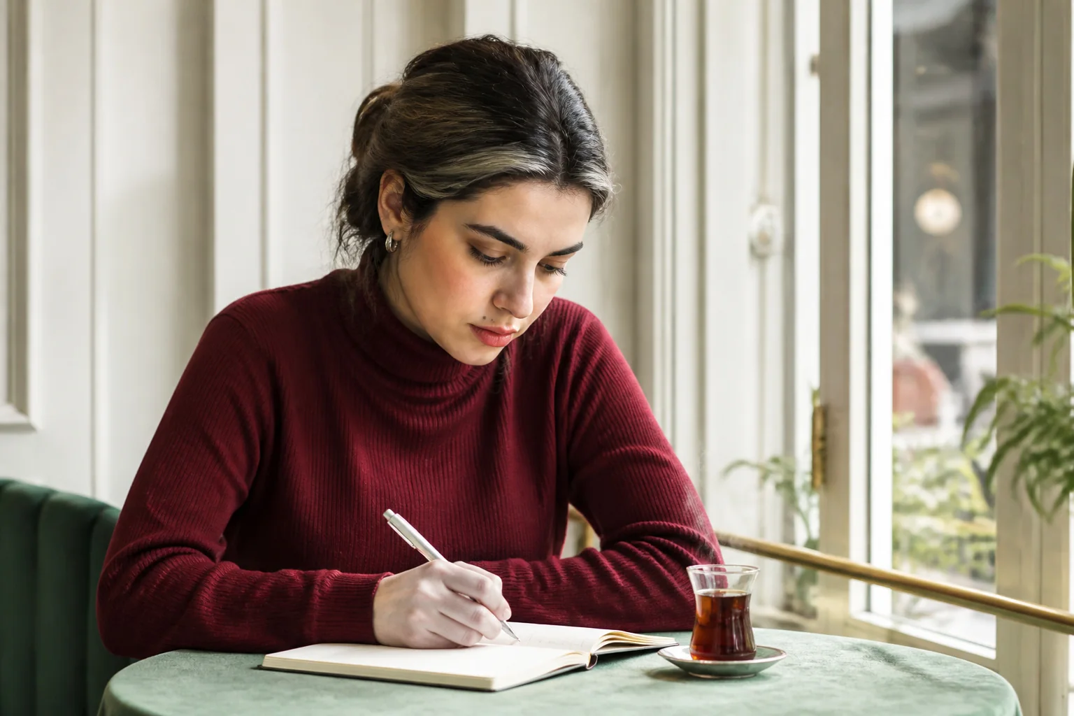 Bordo balıkçı yakalı genç bir kadın kafe penceresinin önündeki masada buharı tüten çay bardağının yanında defterine bir şeyler yazıyor